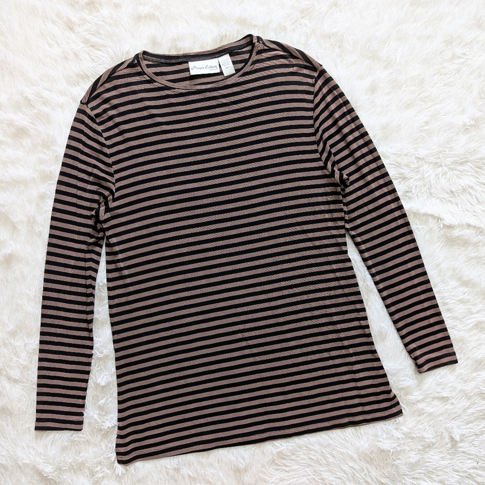 90s Chico's Slinky Acetate Brown & Black Striped Long Sleeved Stretchy Tunic Top